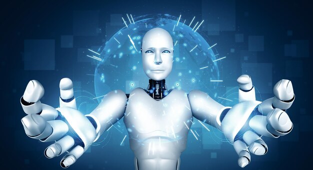 Il robot umanoide Xai ai che tiene in mano uno schermo ologramma mostra il concetto di comunicazione globale