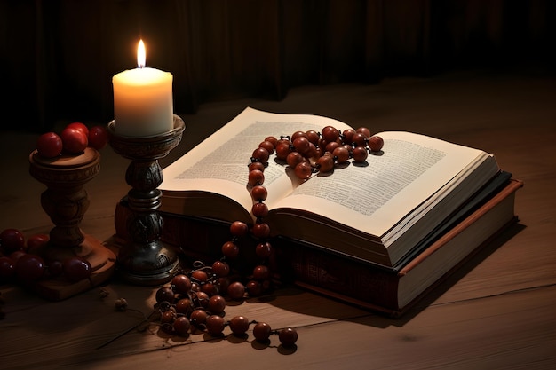 Il rosario della chiesa e la candela di un libro in legno