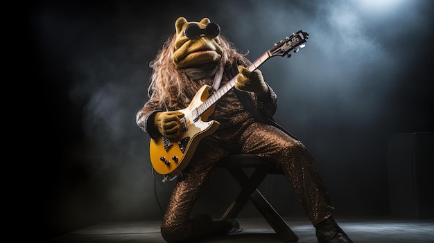 Il rospo prende il centro del palco trasformandosi in una rock star con una chitarra elettrica in mano