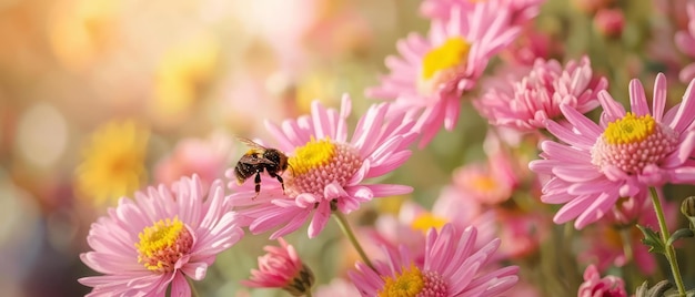 Il rumore occupato di un'ape Un momento di raccolta del polline con crisantemi rosa