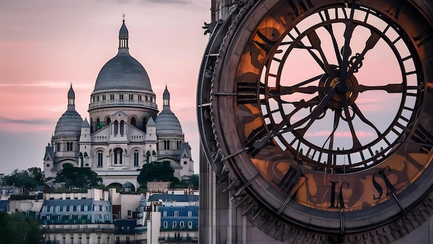 Il Sacre Coeur visto attraverso la gigantesca torre dell'orologio a Parigi, in Francia