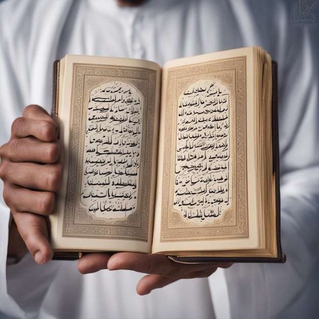 Il Sacro Corano in mano con la calligrafia araba