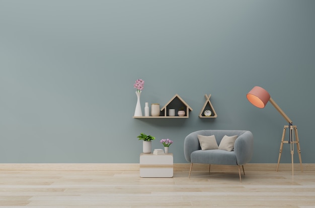 Il salone moderno con la poltrona blu ha gabinetto e scaffali di legno su pavimentazione di legno e parete blu, 3d rendering