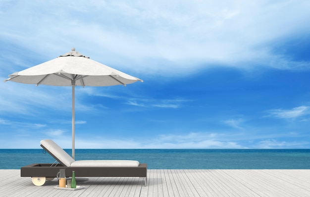 il salotto sulla spiaggia - solarium sul mare. Rendering 3D