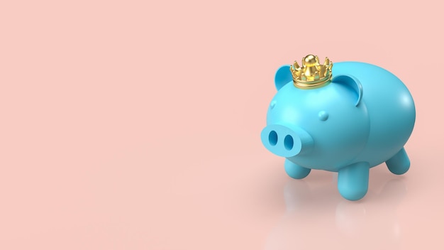 Il salvadanaio blu e la corona d'oro per il risparmio o il rendering 3d del concetto di business