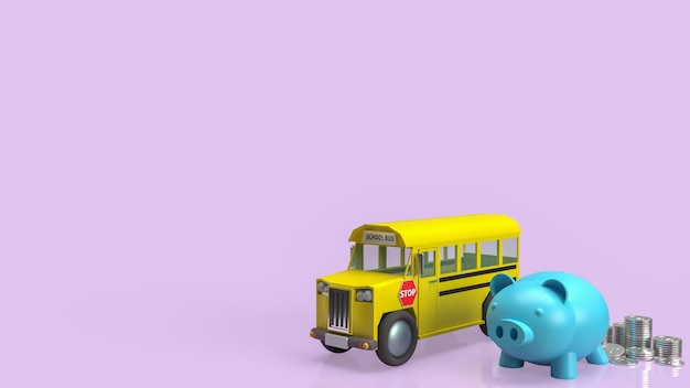 Il salvadanaio e lo scuolabus su sfondo rosa per l'istruzione o il concetto di risparmio 3d rendering