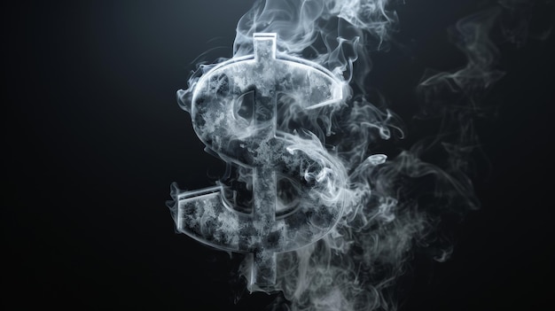 Il segno del dollaro si dissipa nel fumo su uno sfondo nero