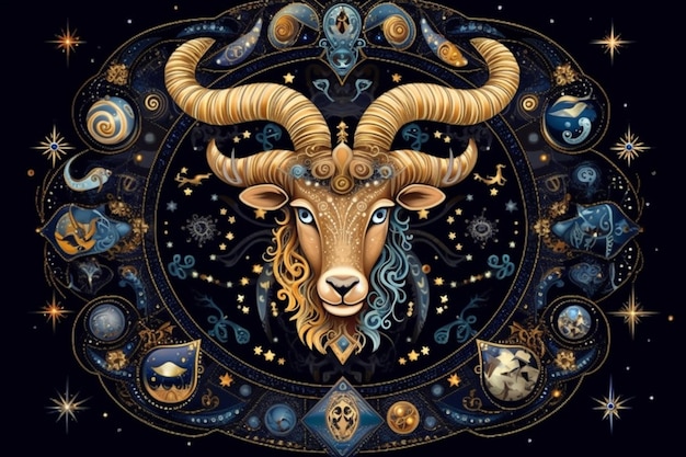 Il segno zodiacale dello zodiaco è un dipinto di un ariete con uno sfondo blu e le costellazioni del toro.