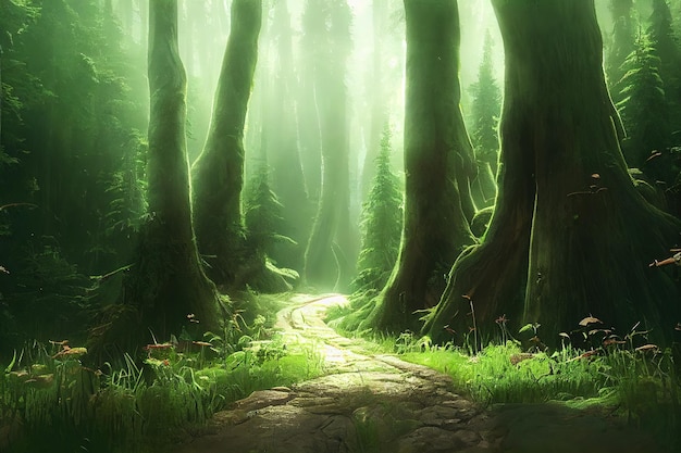 Il sentiero di pietra si trova tra gli alti tronchi d'albero di una fitta foresta di rendering 3D