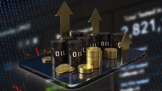 Il serbatoio dell'olio sul tablet e la freccia d'oro verso l'alto per il rendering 3d del concetto di business dell'energia o del petrolio