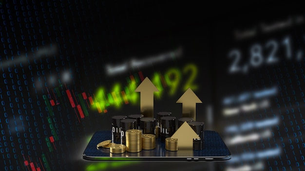 Il serbatoio dell'olio sul tablet e la freccia d'oro verso l'alto per il rendering 3d del concetto di business dell'energia o del petrolio