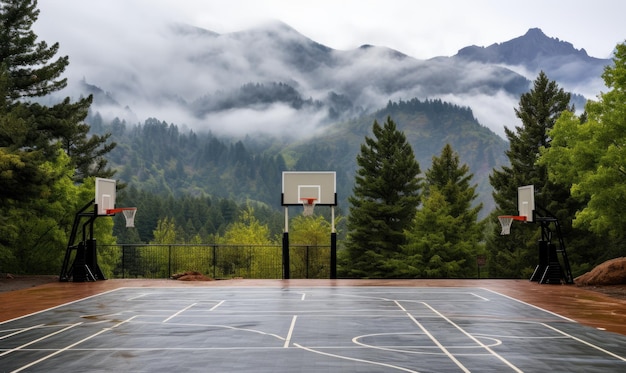 Il sereno paesaggio montano circonda il campo da basket vuoto