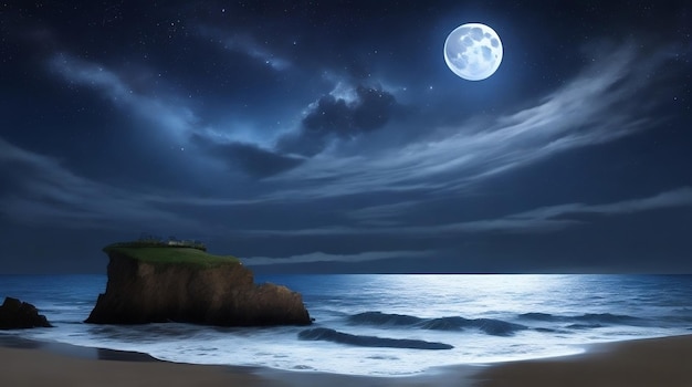 Il sereno paesaggio notturno dell'oceano illuminato da una radiosa luna piena e stelle scintillanti