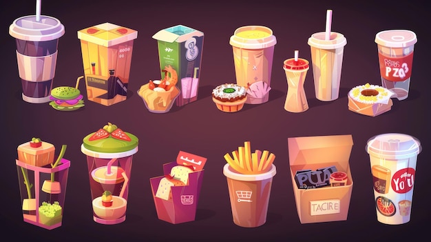 Il set Cartoon Modern Illustration contiene scatole di cibo, sacchetti di cartone, tazze da asporto usa e getta, rotoli di sushi, pizza, patatine fritte, caffè e bevande per caffè e fast food.