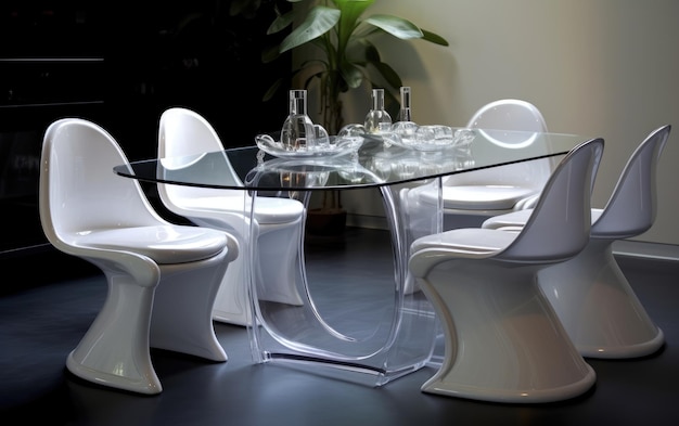 Il set di tavoli bianchi lucidi con sedie trasparenti AI generativa