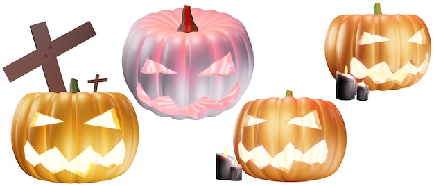 Il set di zucca di Halloween includeva un'illustrazione 3d isolata su uno sfondo bianco con un tracciato di ritaglio