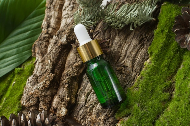 Il siero naturale in una bottiglia cosmetica di vetro con oli di aloe si trova sul muschio naturale della foresta e sulla corteccia degli alberi
