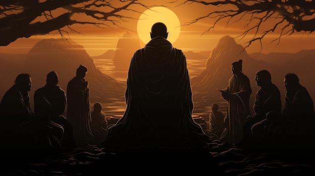 Il Signore del Buddha mediava con una folla di monaci in stile ombra