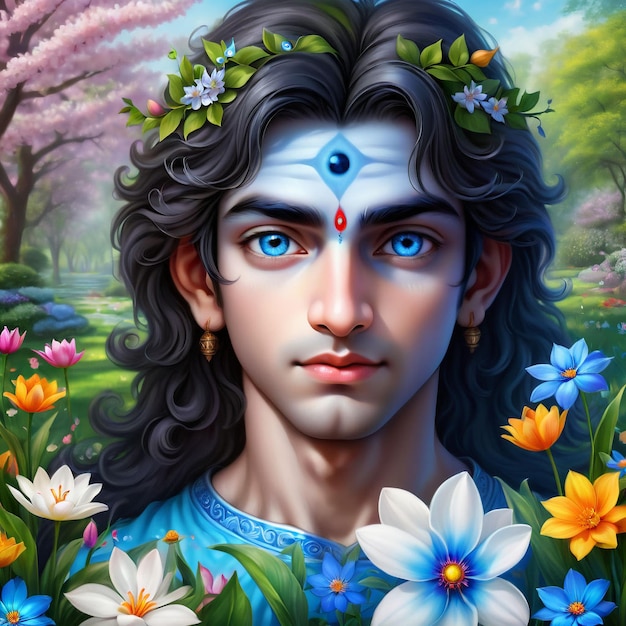 Il Signore Krishna nel giardino di fiori primaverili