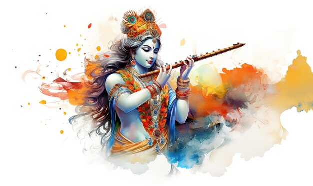 Il Signore Krishna suona il flauto in occasione della festa di Janmashtami in India Ai Generated