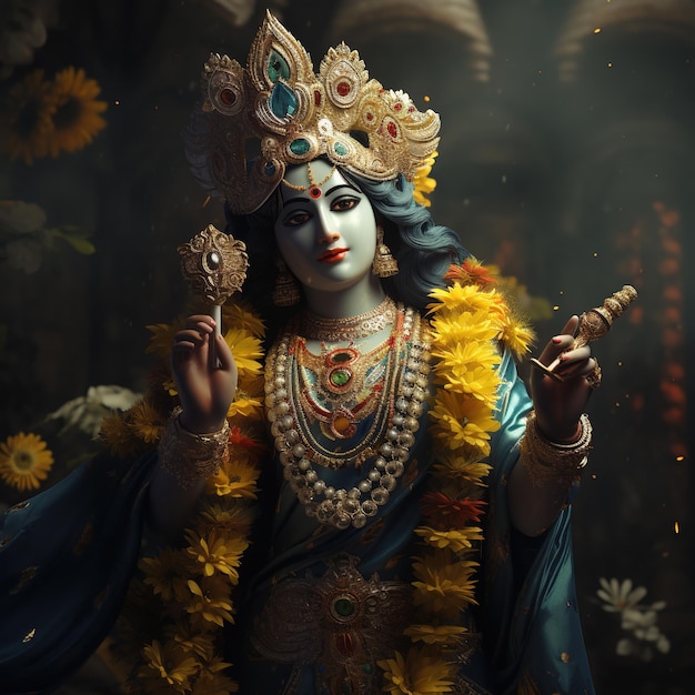 Il Signore Krishna suona il flauto in occasione della festa di Janmashtami in India Ai Generated