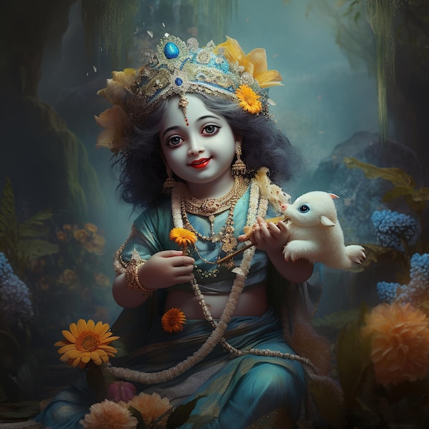 Il Signore Krishna suona il flauto in occasione della festa di Janmashtami in India Ai Generated