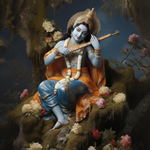 Il Signore Krishna suona il flauto in occasione della festa di Janmashtami in India Ai Generated