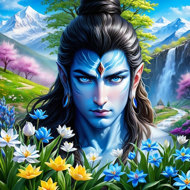 Il Signore Mahadev nel giardino di fiori primaverili