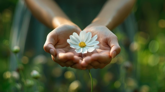 Il simbolico fiore bianco tenuto dolcemente tra le mani significa pace e cura