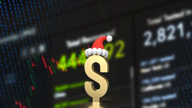 Il simbolo del dollaro d'oro e il cappello di Babbo Natale su sfondo business rendering 3d