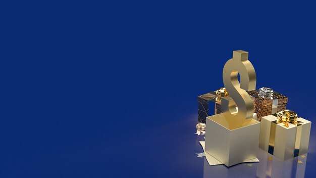 Il simbolo del dollaro d'oro e la confezione regalo per il rendering 3d del concetto di business.