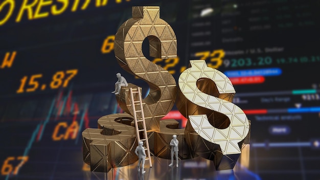 Il simbolo del dollaro d'oro e la figura dell'uomo sul grafico Sfondo per il rendering 3d del concetto di business