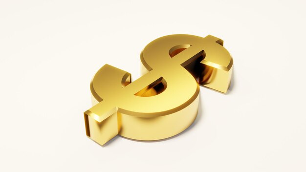 Il simbolo del dollaro di colore dorato giace su sfondo bianco isolato Rendering 3D