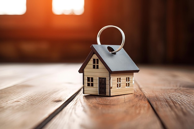 Il simbolo del trasferimento del mercato immobiliare e della chiave della casa in affitto su un portachiavi a forma di casa si trova su w