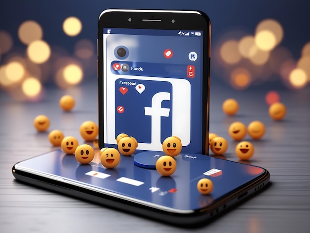 Il simbolo di Facebook sullo schermo dello smartphone o il rendering 3d mobile e le reazioni di Facebook adorano le emoji wowlike