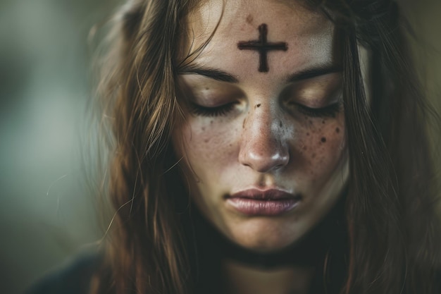 Il simbolo di una croce fatta di cenere sulla fronte delle donne che pregano per il mercoledì delle ceneri