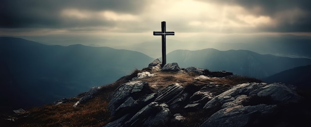Il simbolo religioso della fede cristiana è la croce crocifissione sulla cima della montagna Illustrazione dell'IA generativa