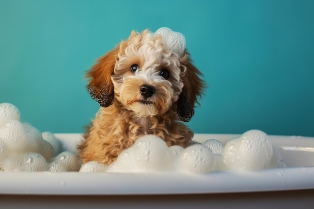 Il simpatico cagnolino sta facendo un bagno con bolle di schiuma Il concetto di cura degli animali domestici