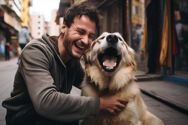 Il simpatico cane AI generativo ha messo la faccia in ginocchio davanti all'uomo e sorrideva grattandosi le mani