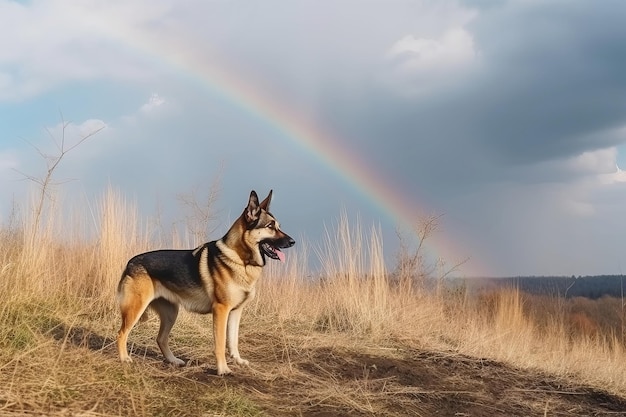 Il simpatico cane da compagnia va all'arcobaleno Metafora per la partenza dell'animale domestico verso l'aldilà Illustrazione dell'IA generativa