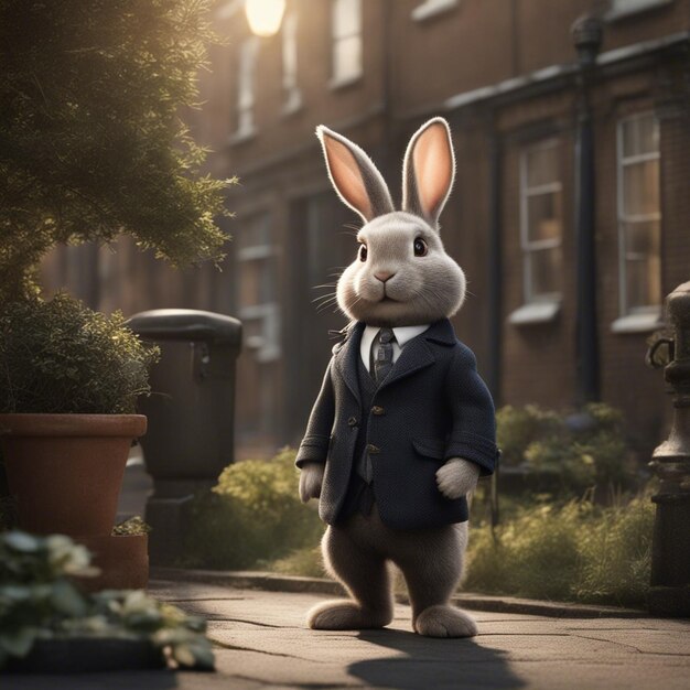 Il simpatico coniglio in abito è in piedi sulla strada