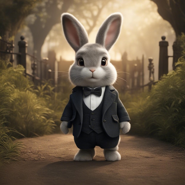 Il simpatico coniglio in abito è in piedi sulla strada