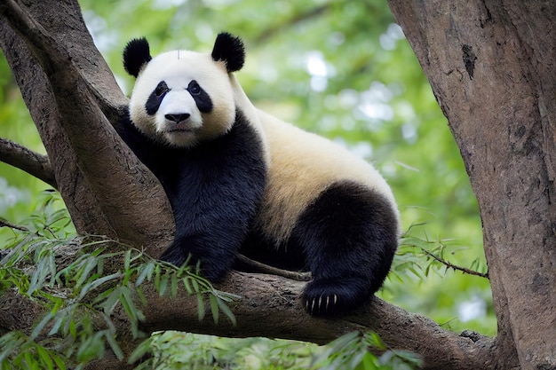 Il simpatico cucciolo di panda si trova sul ramo di un albero e osserva la natura
