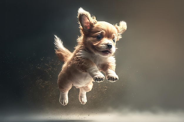 Il simpatico cucciolo sta saltando in aria mostrando il suo lato giocoso