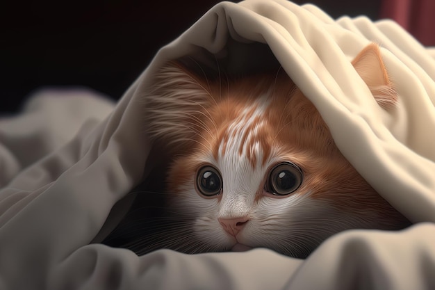 Il simpatico gattino rosso si coccola con una coperta bianca