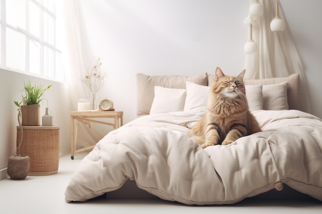 Il simpatico gatto ritratto giace su un letto accogliente in camera da letto per la pagina commerciale Foto di alta qualità