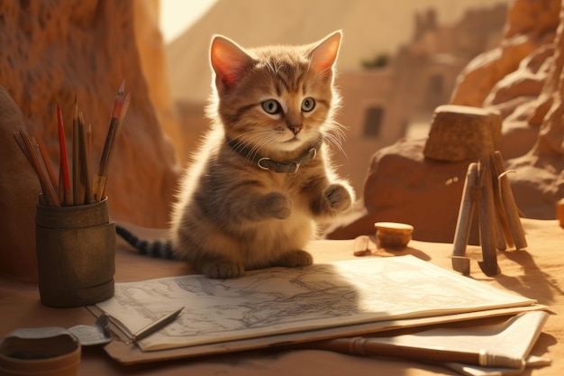 Il simpatico gatto vestito da archeologo sta lavorando