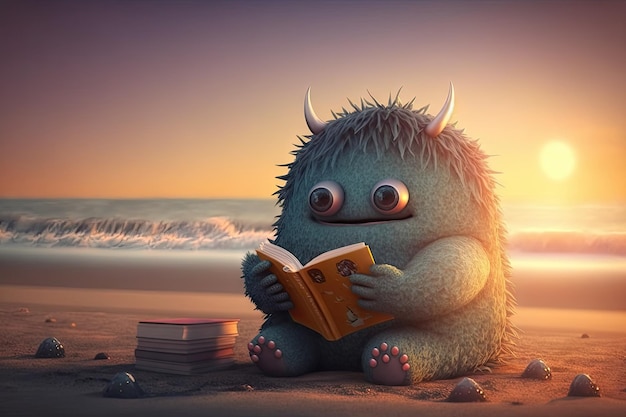 Il simpatico mostro legge il libro sulla spiaggia con il tramonto sullo sfondo