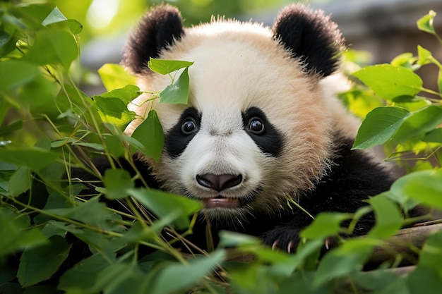 Il simpatico panda guarda la telecamera da dietro i cespugli verdi