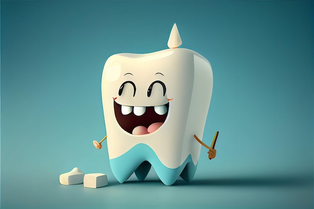 Il simpatico personaggio dei denti dei cartoni animati creato in un dente umano dei cartoni animati sorride dolcemente